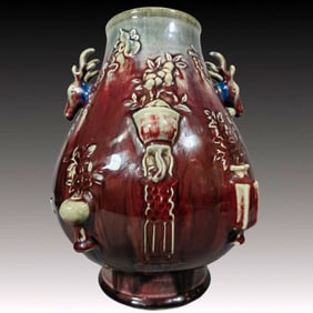 A Rare Flambe Glazed Eight Treasures Pattern Deer-Ears Vase