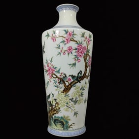 A Rare Enamel Flower and Bird Pattern Vase,With Poem