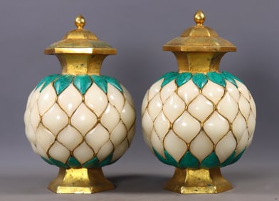 A Pair of Exquisite Gilt Bronze Inlaid White Jade Vases