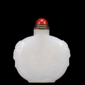 An Exquisite White Jade Figure Pattern Snuff Bottle, Inlaid Gems, with poem