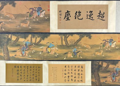 A Chinese Hand Scroll Ink Painting of Figure Riding Horse on Silk,Lang Shining