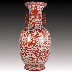 A Huge Iron-Red Painted Gold Dragon Pattern Double-Ears Vase