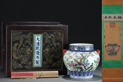 An Exquisite Blue and White Famille-Rose Painted Gold Flower and Bird Pattern Bat-Ears Vase,With