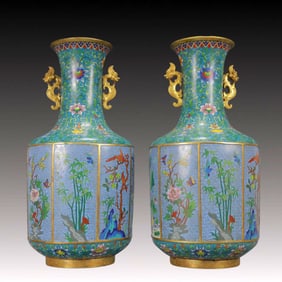 A Pair of Huge Cloisonne Flower and Bird Pattern Double-Ears Vases
