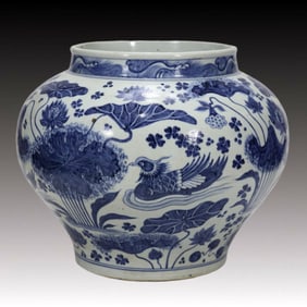 An Exquisite Blue and White Lotus and Mandarin Duck Pattern Jar