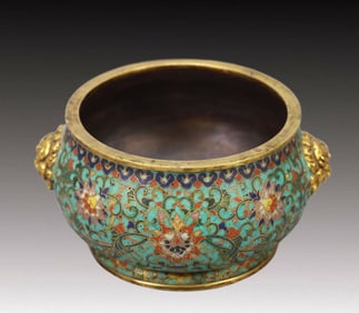 An Exquisite Cloisonne Lotus Pattern Lion-Ears Censer