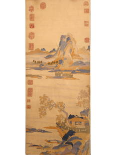 landscape painting Kesi: Qing Dynasty Landscape Painting Kesi. This lot features detailed patterns of mountains, water, vegetation and natural landscapes. These works reflect the artistic taste and high level of Kesi skills i