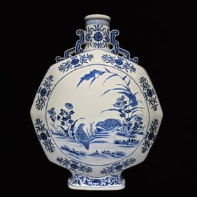 A Huge Blue and White Lotus,Flower and Bird Pattern Double-Ears Vase