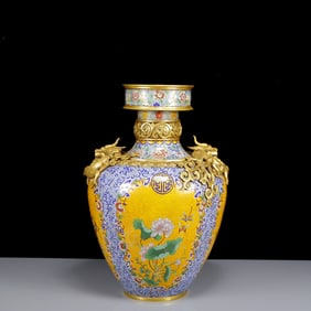 A Huge Cloisonne Flower and Bird Pattern Dragon-Ears Vase
