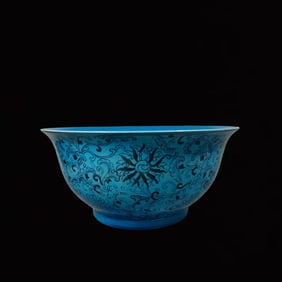A Rare Blue Ground Blue and White Lotus Pattern Bowl