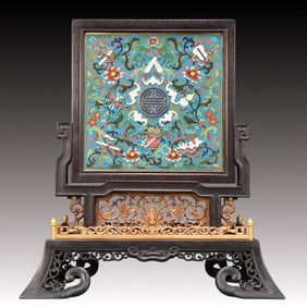 A Precious Cloisonne Inlaid Gems Lotus and Bats Pattern Table Screen