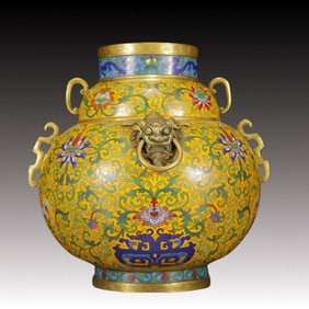 An Exquisite Cloisonne Lotus and Crane Pattern Beast-Ears Jar