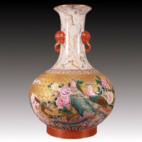 A Rare Enamel Gold Ground Flower and Bird Pattern Elephant-Ears Vase