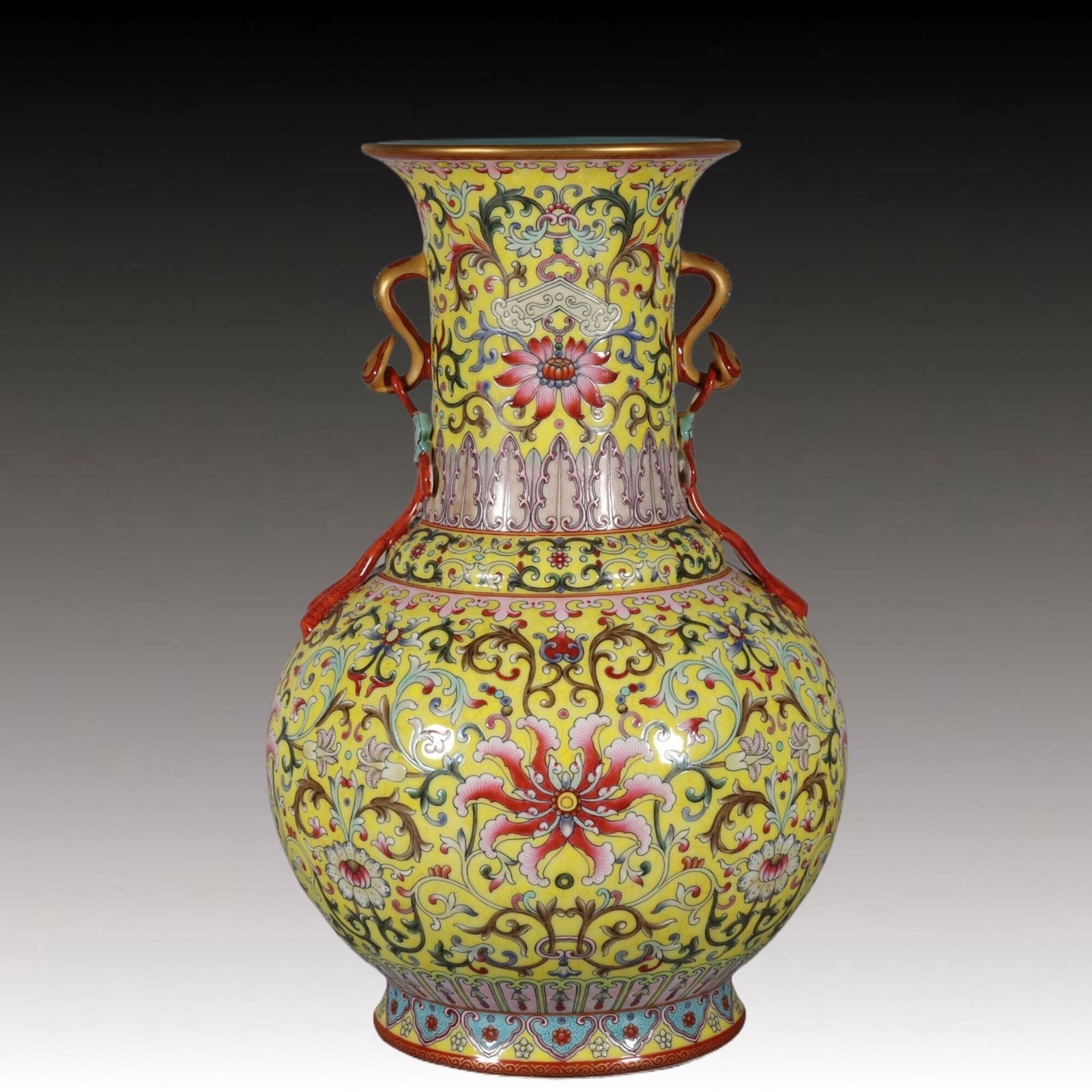 A Rare Famille-Rose Yellow Ground Lotus Pattern Double-Ears Vase (1 of 8)
