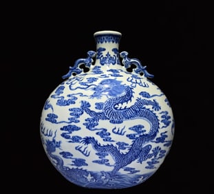 A Rare Blue and White Auspicious Cloud and Dragon Pattern Dragon-Ears Vase