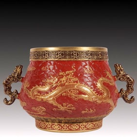 An Exquisite Iron-Red Painted Gold Dragon Pattern Double-Ears Censer