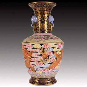 A Rare Ji Blue Glazed Painted Gold Dragon and Phoenix Pattern Elephant-Ears Vase
