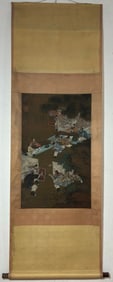 A Chinese Vertical Scroll Ink Painting of Character and Story on Silk,Zhao Mengfu