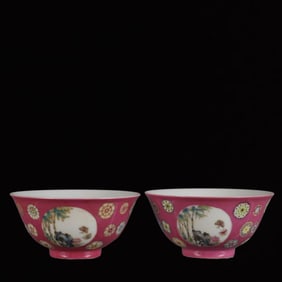 A Pair of Exquisite Ruby Red-Ground Famille-Rose Flower Pattern Cups