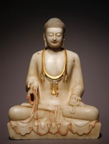 A Rare Marble Painted Color Statue of Sakyamuni