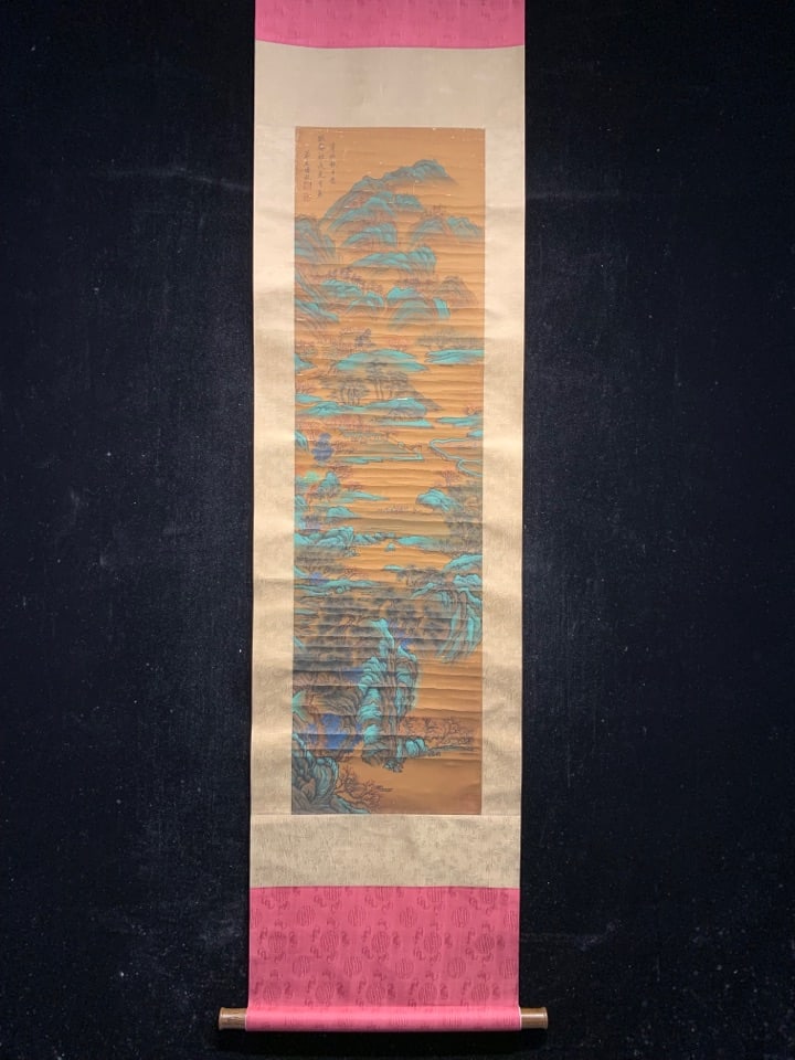 A Chinese Vertical Scroll Ink Painting of Landscape on Silk,Wang Shimin