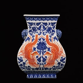 An Exquisite Blue and White Iron-Red Lotus and Phoenix Pattern Elephant-Ears Vase