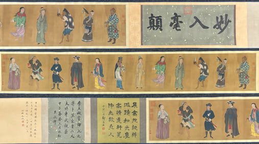 A Chinese Hand Scroll Ink Painting of Figure on Silk,Lang Shining