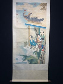 A Chinese Vertical Scroll Ink Painting of Figure on Silk,Qiu Ying