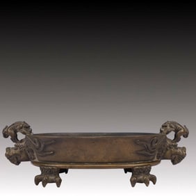 An Exquisite Bronze Auspicious Beast Pattern Beast-Ears Four Legs Censer,Qing Dynasty,