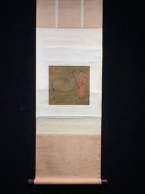 A Chinese Vertical Scroll Ink Painting of Figure on Silk,Li Gonglin