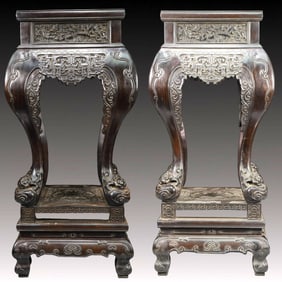A Pair of Huge Zitanwood Flower and Bird Pattern Flower Tables