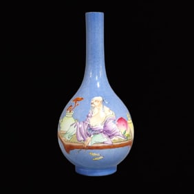 An Exquisite Blue Glazed Famille-Rose Character and Story Pattern Vase