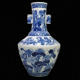A Rare Blue and White Lotus Pattern Double-Ears Vase