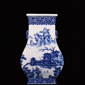 A Rare Blue and White Landscape and Figure Pattern Double-Ears Vase
