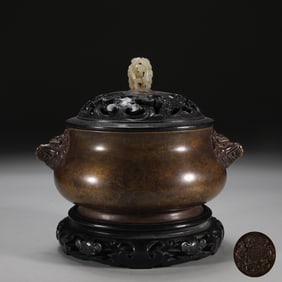 An Exquisite Bronze Inlaid White Jade Beast ears Censer
