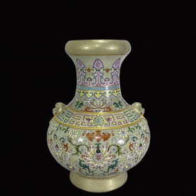 An Exquisite Celadon Glazed Famille-Rose Lotus Pattern Double-Ears Painted Gold Vase
