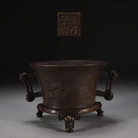 An Exquisite Bronze Flower and Bird Pattern Double-Ears and Tripod Censer,With Poem