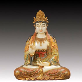A Solemn Marble Painted Color Statue of Avalokitesvara