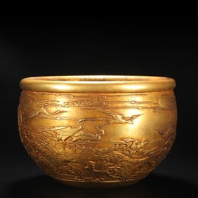 A Rare Gilt Bronze Pine and Crane Pattern Vat
