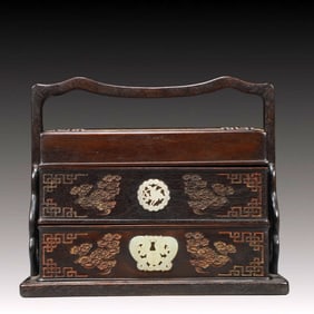 An Exquisite Zitanwood Inlaid White Jade Flower and Bird Pattern Box