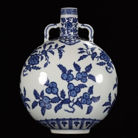 A Rare Blue and White Flower and Fruit Pattern Double-Ears Vase