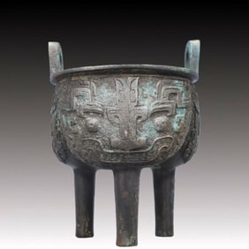 A Precious Bronze Beast-Face Pattern Double-Ears and Tripod Censer