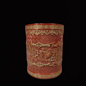An Exquisite Red Glazed Painted Gold Bats and Flower Pattern Brush Pot