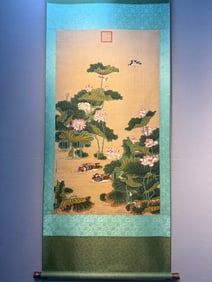 A Chinese Vertical Scroll Ink Painting of Flower and Bird on Silk,Lang Shining