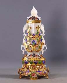 An Exquisite Gilt Inlaid White Jade Phoenix Pattern Double-Ears Bottle