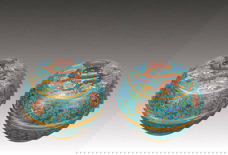 A Pair of Exquisite Cloisonne Lotus and Dragon Pattern Cover Bowls: A Pair of Exquisite Cloisonne Lotus and Dragon Pattern Cover Bowls,Qing Dynasty,China,Qianlong Four-character Mark,Qing Dynasty,China,Size:11cmx8cm,Total Weight:900g &#19968;&#23545;&#26223;&#27888;&#