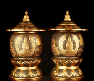A Pair of Exquisite Gilt Bronze Tsongkhapa Image Jars