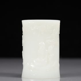 An Exquisite White Jade Figure Pattern Brush Pot, with poem