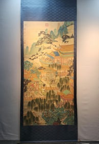 A Chinese Vertical Scroll Ink Painting of Figure on Silk,Qiu Ying