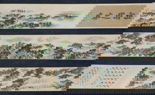 A Chinese Hand Scroll Ink Painting of Landscape on Paper,Song Wenzhi: A Chinese Hand Scroll Ink Painting of Landscape on Paper,Song Wenzhi,Size:(overall length)795cmx34cm,(Without frame)447cmx33.5cm &#19968;&#24133;&#20013;&#22269;&#27700;&#22696;&#23665;&#27700;&#30011